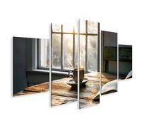 islandburner Cuadro sobre lienzo área de lectura soleada con taza de café y libro sobre mesa rústica - 5 piezas