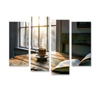 islandburner Cuadro sobre lienzo área de lectura soleada con taza de café y libro sobre mesa rústica - 4 piezas