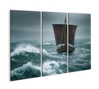 islandburner Cuadro sobre lienzo barco vikingo en el tormentoso Mar del Norte Mar Mural para amantes de la aventura - 3 piezas