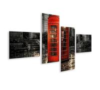 islandburner Cuadro sobre lienzo cabina telefónica roja en Londres bajo la lluvia - Mural para acentos nostálgicos - 4 piezas - Edición Z1