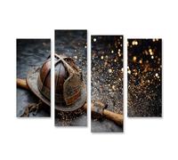 islandburner Cuadro sobre lienzo casco de bombero con hacha y chispas brillantes como mural - 4 piezas