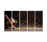 islandburner Cuadro sobre lienzo casco de bombero con hacha y chispas brillantes en madera - 5 piezas XXL