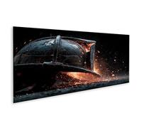 islandburner Cuadro sobre lienzo casco de bombero con hacha y chispas brillantes sobre fondo oscuro - Panorama - Edición T1