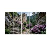 islandburner Cuadro sobre lienzo Castillo Medieval Ruina con arbustos en flor y naturaleza - 5 piezas XXL