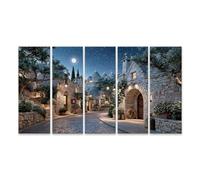 islandburner Cuadro sobre lienzo con diseño de pueblo trulli de ensueño, paisaje nocturno, mural para salón romántico, 5 piezas, XXL