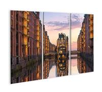 islandburner Cuadro sobre lienzo con reflejo mágico de Hamburgo Speicherstadt para sala de estar para los amantes de los viajes - 3 piezas