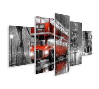 islandburner Cuadro sobre lienzo de autobús rojo de dos pisos en Londres lluvioso - Mural - 5 piezas