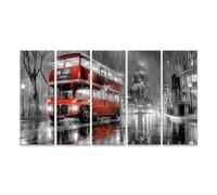 islandburner Cuadro sobre lienzo de autobús rojo de dos pisos en Londres lluvioso - Mural - 5 piezas XXL