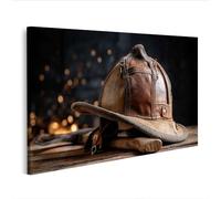 islandburner Cuadro sobre lienzo de cuero casco de bombero con hacha y chispas brillantes como mural - Edición B1