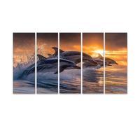 islandburner Cuadro sobre lienzo de delfines en el salto antes del atardecer - Mural para amantes de los animales - 5 piezas XXL