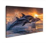islandburner Cuadro sobre lienzo de delfines en el salto antes del atardecer - Mural para amantes de los animales - Edición Y2