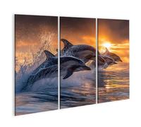 islandburner Cuadro sobre lienzo de delfines en salto antes del atardecer - Mural para amantes de los animales - 3 piezas