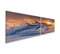 islandburner Cuadro sobre lienzo de delfines en salto antes del atardecer - Mural para amantes de los animales - 2 piezas