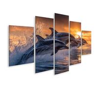 islandburner Cuadro sobre lienzo de delfines en salto antes del atardecer - Mural para amantes de los animales - 5 piezas
