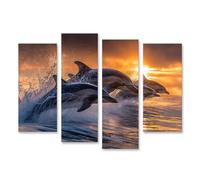 islandburner Cuadro sobre lienzo de delfines en salto antes del atardecer - Mural para amantes de los animales - 4 piezas