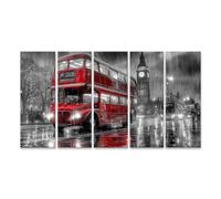 islandburner Cuadro sobre lienzo de noche lluviosa de Londres con autobús rojo de dos pisos - 5 piezas XXL