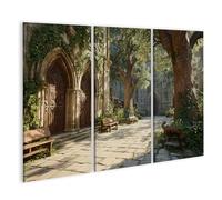 islandburner Cuadro sobre lienzo de patio medieval con fortaleza y árboles, 3 piezas, edición A1