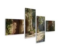 islandburner Cuadro sobre lienzo de patio medieval con fortaleza y árboles - 4 piezas - Edición D3