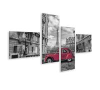 islandburner Cuadro sobre lienzo, diseño de coche rojo en París frente a la Torre Eiffel y edificios históricos, 150 x 80 cm