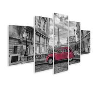 islandburner Cuadro sobre lienzo, diseño de coche rojo en París frente a la Torre Eiffel y edificios históricos, 170 x 80 cm