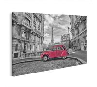 islandburner Cuadro sobre lienzo, diseño de coche rojo en París frente a la Torre Eiffel y edificios históricos, 100 x 57 cm