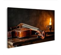 islandburner Cuadro sobre lienzo Elegante violín sobre mesa de madera antigua con luz de vela - Edición C1