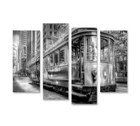 islandburner Cuadro sobre lienzo en blanco y negro mural de un antiguo tranvía en San Francisco - 4 piezas