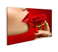 islandburner Cuadro sobre lienzo Hermosa mujer modelo besando flor roja de rosa sexy labios rojos Impresiones Arte Póster Mural