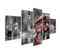 islandburner Cuadro sobre lienzo Londres autobús de dos pisos en blanco y negro con acento rojo - 5 piezas