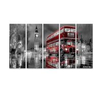islandburner Cuadro sobre lienzo Londres autobús de dos pisos en blanco y negro con acento rojo - 5 piezas XXL