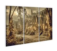 islandburner Cuadro sobre lienzo mágico pueblo navideño mural sala de estar para románticos - 3 piezas