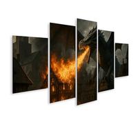 islandburner Cuadro sobre lienzo Majestuoso Dragón en llamas sobre ciudad medieval - 5 piezas