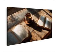 islandburner Cuadro sobre lienzo Mesa de lectura soleada con café y libros abiertos - Edición T1