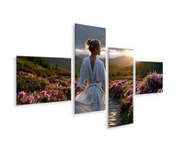 islandburner Cuadro sobre lienzo Mujer en vestido blanco en floreciente paisaje al atardecer - 4 piezas - Edición F1