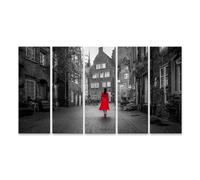 islandburner Cuadro sobre lienzo Mujer en vestido rojo en un callejón histórico como mural - 5 piezas XXL