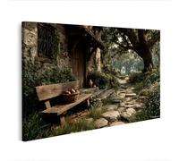 islandburner Cuadro sobre lienzo Patio medieval con banco de madera y manzanas - Edición M2