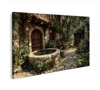 islandburner Cuadro sobre lienzo Patio medieval con fuente y flores - Edición U1