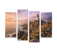 islandburner Cuadro sobre lienzo Pintoresco faro en acantilado con plantas con flores - 4 piezas