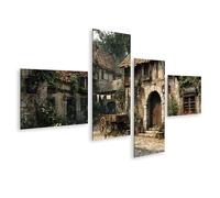 islandburner Cuadro sobre lienzo Pueblo medieval con patio floreciente y edificios históricos - 4 piezas - Edición Y1