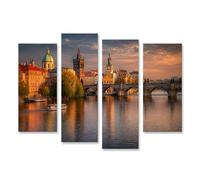 islandburner Cuadro sobre lienzo Puente de Carlos Praga al atardecer mural para su hogar - 4 piezas - Edición V2