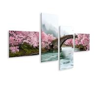 islandburner Cuadro sobre lienzo Puente de piedra romántico en la magia de los cerezos en flor de cerezo, mural para salón para amantes de la naturaleza, 4 piezas, edición Q1
