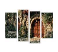 islandburner Cuadro sobre lienzo Puerta medieval del monasterio de piedra y madera, cuadro rústico - 4 piezas