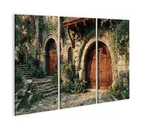 islandburner Cuadro sobre lienzo Puerta medieval del monasterio de piedra y madera, mural rústico - 3 piezas