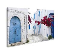 Islandburner - Cuadro sobre lienzo (puertas azules, ventanas de pared, blanco, edificio Sidi Bou Saïd Túnez, marco para póster de pared, cuadros