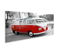 islandburner Cuadro sobre lienzo rojo blanco retro camper furgoneta coche en carretera aparcamiento cuadros cuadros murales 120 x 40 cm