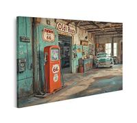 islandburner Cuadro sobre lienzo Ruta Clásica 66 Gasolinera y Coche Clásico para Sala de Estar Entusiastas de los coches clásicos Concesionario Imágenes Murales Póster