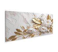 islandburner Cuadro sobre lienzo Textura de mármol Blanco Oro Colores Flores doradas Diseño lujoso Cuadros Murales Póster JCTS-Pano