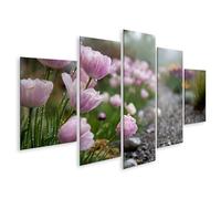 islandburner Cuadro sobre lienzo Tulipanes rosados bajo la lluvia a lo largo de un camino de grava para los amantes del jardín - 5 piezas