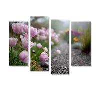 islandburner Cuadro sobre lienzo Tulipanes rosados bajo la lluvia a lo largo de un camino de grava para los amantes del jardín - 4 piezas