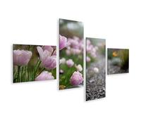 islandburner Cuadro sobre lienzo Tulipanes rosas bajo la lluvia a lo largo de un camino de grava para los amantes del jardín - 4 piezas - Edición W1